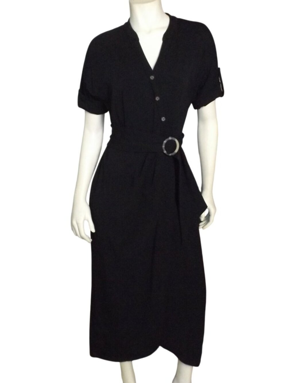 KARL LAGERFELD Maxi Dress, L, Black, Cinch Belt, Short sleeve, Asym Hem, Jersey